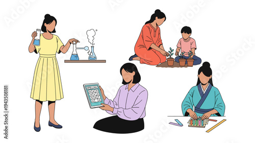 Inspiring Female Figures: The image showcases different women engrossed in a variety of enriching activities. Depicting a scientist conducting an experiment.