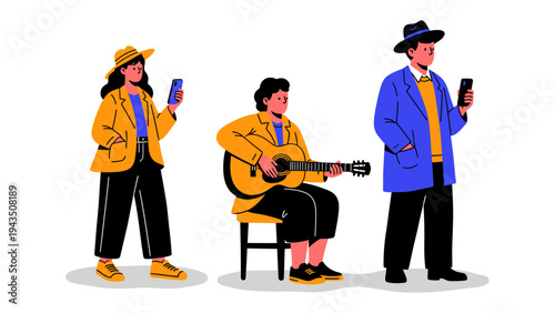 Modern Melodies: Three individuals navigate modern life, one strumming a guitar, the other engrossed in smartphones. This vibrant scene is a symphony of contemporary pursuits. 