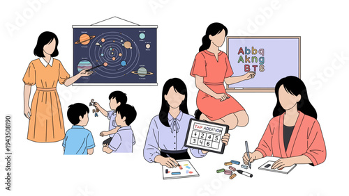 Learning and Growth: An Educational Illustration: A vibrant illustration depicts the core essence of education, teachers nurture young minds. It's a visual metaphor of the journey of knowledge.