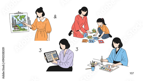 Creative Journey: Depicting moments of learning and exploration. A lady teaching geography. A lady assembling building toy. A lady working on tablet. A lady painting.

