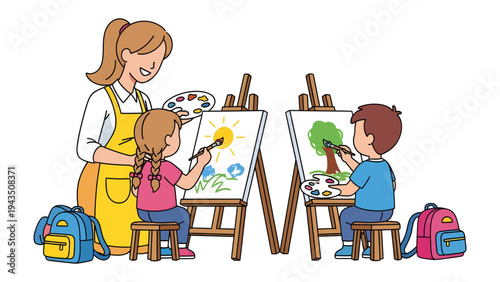 Artistic Education: A teacher guides two children in a colorful art class, fostering creativity and self-expression through painting