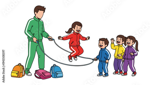 Joyful Jump: Capturing the simple pleasures of childhood as a group of children plays jump rope together, guided by a caring adult.