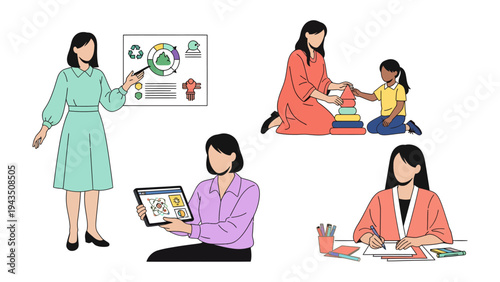 Educators and Early Learning: A collection of illustrations showcasing teachers and children engaging in various educational activities, from presentations to interactive play.