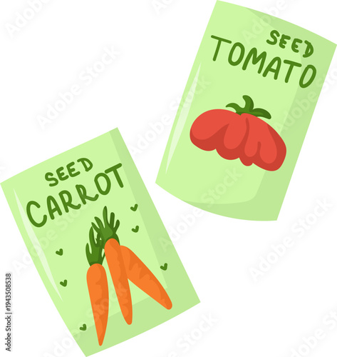 Carrot and tomato seed packets vector set for spring gardening