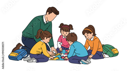 Shared Learning Adventure: A teacher guides a group of young learners in a collaborative puzzle activity, promoting teamwork and cognitive development.