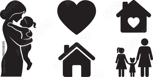 Family Love and Home Silhouette Vector Graphics Illustration Set