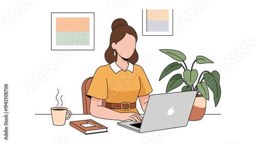 Working from Home: A woman is engrossed in her work at home with her laptop, coffee, and green plants. capturing the productivity, work, and comfortable environment.