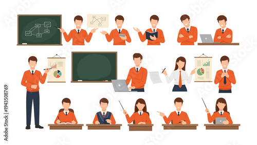 Diverse Presentations: A collection of figures in various poses, from presenting data to sharing insights, ideal for illustrating lessons or demonstrating ideas.