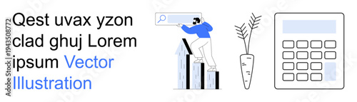 Business growth, financial analysis, accounting, organic trends, data insights, and modern design. Man on bars holding magnifying glass, carrot plant calculator. Business growth and financial