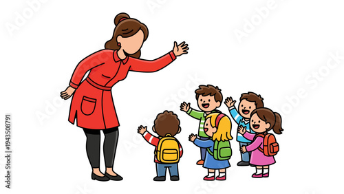 First Day of School: Teacher Welcomes Eager Young Students. A heartwarming scene unfolds as a teacher extends a welcoming hand to a group of excited children.