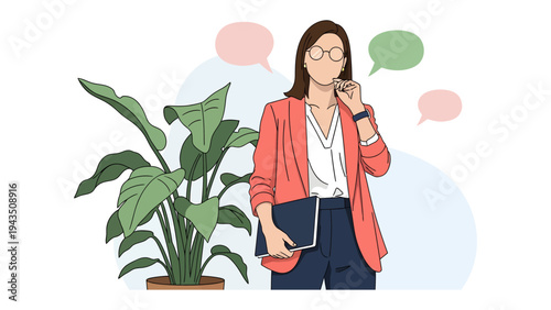 Businesswoman on Call: A professional woman engaged in a phone call, standing confidently near a lush potted plant, ready to communicate and connect.