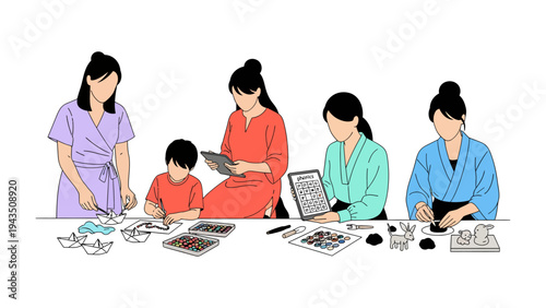 A Family's Creative Hub: A moment of unity and collaboration where family members engage in artistic pursuits together, showing a spectrum of creative expression and domestic harmony.