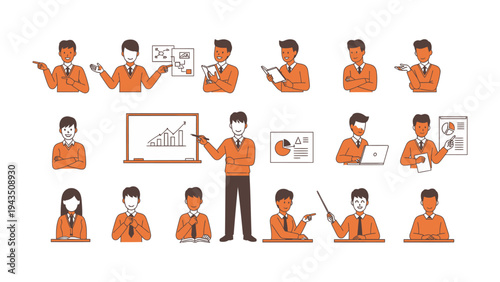 Business Presentation Set: A series of illustrations capturing business people delivering presentations, with diverse poses and gestures to represent different business scenarios.