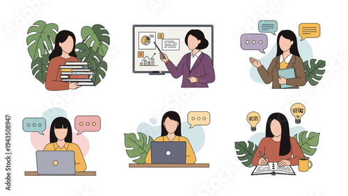 Digital Education Collection: A series of illustrations capturing women engaged in diverse educational activities, from reading and teaching to online learning and brainstorming. 