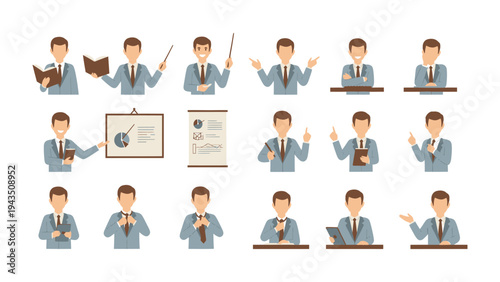 Business Presentation and gesture set: A detailed illustration collection of a professional businessman. Each pose communicates various actions and concepts to convey versatility.