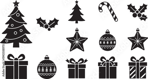 Christmas icons and symbols in black and white design