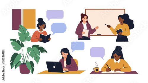 Female Professionals in Study: A graphic showcasing various female professionals engaged in different aspects of study and work, from reading to presenting.