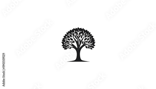 A simple, black silhouette of a tree with a full canopy. The image is on a white background, highlighting its nature-inspired form
