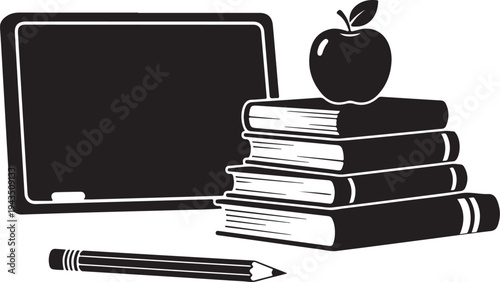 Education icons with books, apple, and blackboard illustration