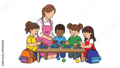 Learning Through Play: A dedicated teacher guides a group of young children in a hands-on learning activity, fostering their development through exploration and play.