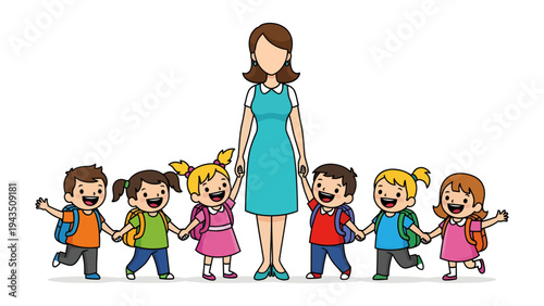 A Caring Guardian and Her Ward: A teacher and her pupils stand, embodying care and protection in a vibrant scene that celebrates the beginning of an educational journey.