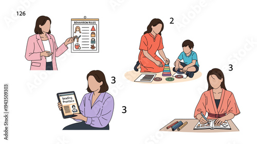 Education and Interaction: A collection of scenes, highlighting the role of a educator or tutor engaging in a learning environment, fostering educational growth.