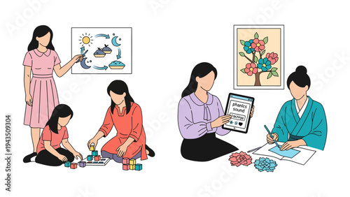 Moments of Learning and Creation: A curated tableau presents various educational and creative activities, showcasing the joy of knowledge and artistic expression. 