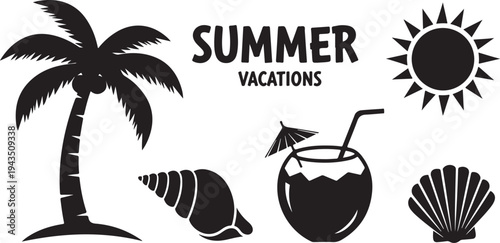 Summer Vacation Icons and Silhouettes for Travel Brochures