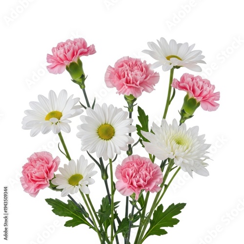 A vibrant bouquet of pink carnations and white daisies with green foliage