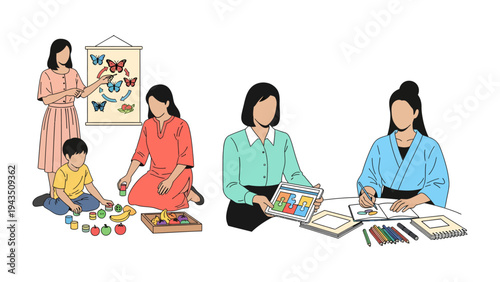 Nurturing Minds and Creativity: A collection of images portraying educators engaging children in various learning and creative activities. Capturing the essence of guidance, education.