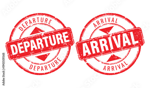 Red grunge rubber stamp icons for departure and arrival tracking in logistics and transportation