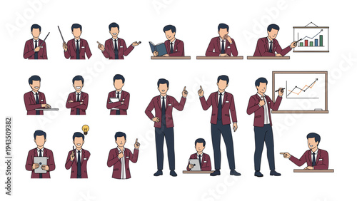 Business Presentation Set: Collection of business professionals, a comprehensive collection showcasing a diverse array of poses and actions perfect for conveying business ideas and concepts.