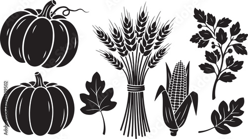 Autumn harvest icons including pumpkins and wheat bundle illustration