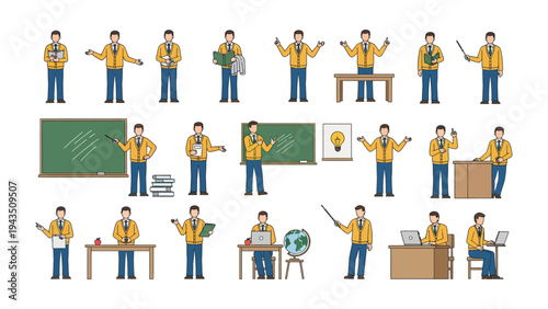Teacher Actions: A collection of educational illustrations capturing a teacher in various classroom activities, poised for learning and instruction. 