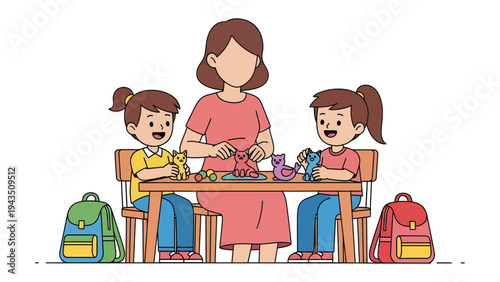 Crafting Time: A mother guides her two daughters, crafting and creating at a shared table, filled with laughter and love.