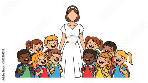Classroom camaraderie: A Teacher, surrounded by happy elementary school students, embodying education and the joy of learning.