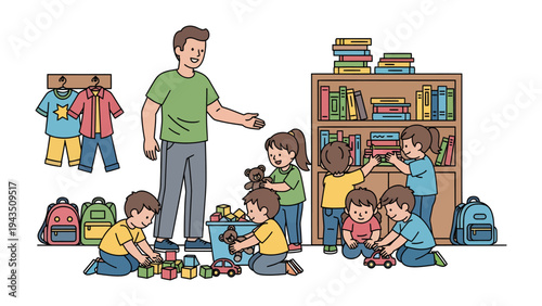 Playtime Paradise: A caring educator orchestrates a scene of joyful exploration as young children engage in play, fostering creativity and learning within a vibrant classroom environment.