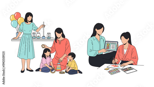 Diverse moments of a woman's life: A compilation of images that illustrates the multifaceted roles and experiences in a woman's life. Capturing family interaction, business settings.