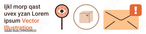 Delivery services, communication, security, email notifications, postal services, logistics. Magnifying glass with eye, package envelope alert sign. Delivery services and communication concept