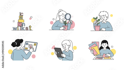 Creative Learning Activities: A collection of educational illustrations featuring young individuals engaging in diverse learning activities, showcasing the joy of discovery and interactive education.