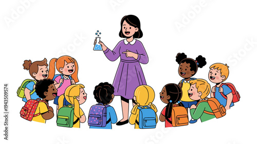 Inspiring Scientific Curiosity: A teacher sparks young minds with a captivating science lesson, surrounded by eager students ready to explore the wonders of discovery.