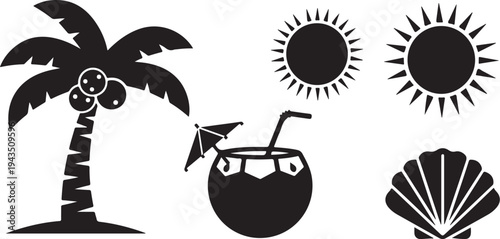 Tropical Vacation Icons with Palm Tree and Cocktail Silhouette