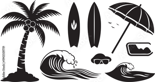 Black and white beach summer vacation icons and symbols