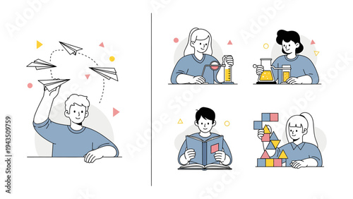 Creative Moment of the Day: An array of individuals engaged in varied activities, from launching paper airplanes to engaging in contemplative moments.