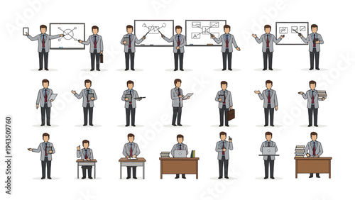 Business Presentation Variety: A collection of diverse business professionals in various poses, some are presenting, using whiteboard, showing business action.