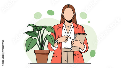 Confident Professional in Botanical Oasis: An elegant businessperson exudes confidence, gesturing towards a plant, symbolizing growth and progress in a clean and modern environment.