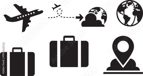 Travel and transportation icons in black and white style