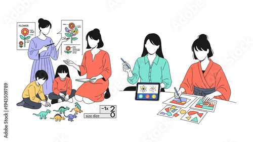 Unveiling Educational Harmony: A series of illustrations spotlight various teaching methods for students to learn from instructor in education.