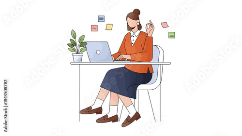 Digital Workspace: A modern woman, immersed in her work at a tidy desk, using a laptop, with a touch of thoughtfulness, and a cheerful atmosphere, embodying focus and the flow of creative energy.