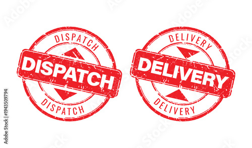 Red grunge rubber stamp icons for dispatch and delivery status in logistics and commercial transport